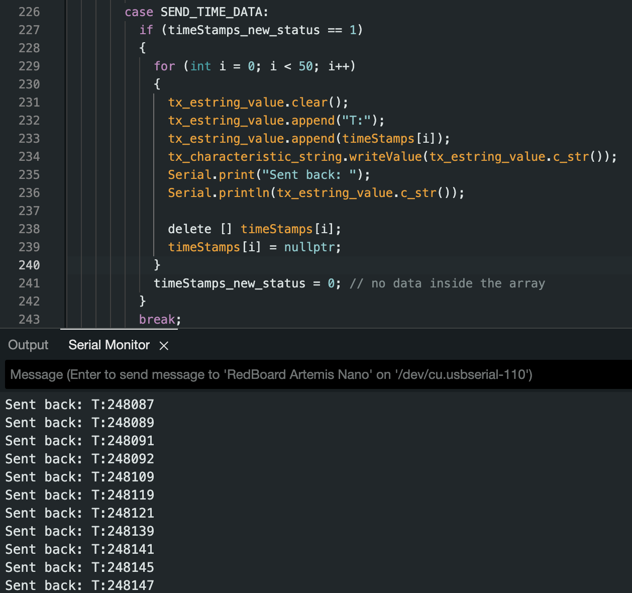 Send Time Data output from Arduino