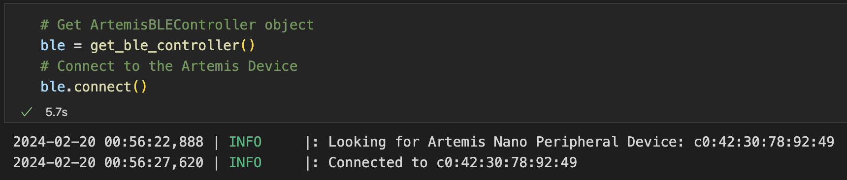 Our computer successfully connects the Artemis board BLE Connection Success